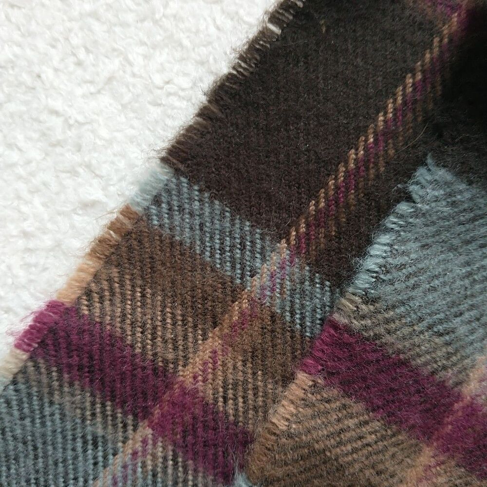 100% Cashmere Scarf Hand Tailored Brown Blue Plaid Fringe Rectangle  Germany 63" - Picture 4 of 7